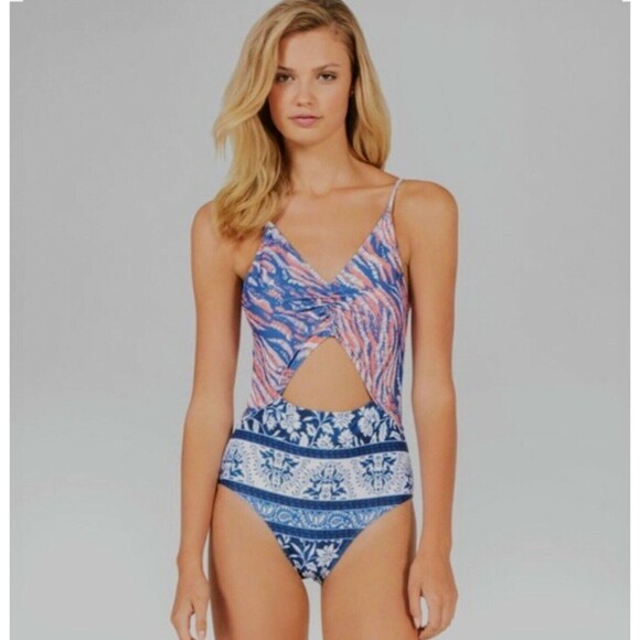 Made By Minkpink One Piece Swimsuit Resort Indigo Sunset Multicolor boho Sz XL - Picture 1 of 7